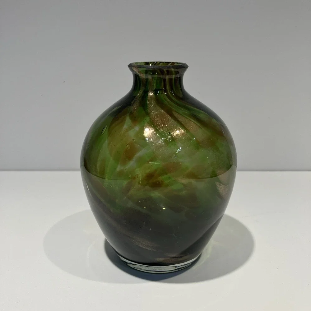 Green Art Glass Vase With Sparkly Bronze Swirls 4.75